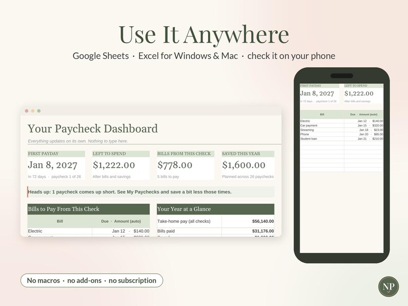 Paycheck Budget Spreadsheet, Bills by Paycheck Planner for Google Sheets & Excel, Biweekly Budget Template, Weekly Paycheck Tracker image 8
