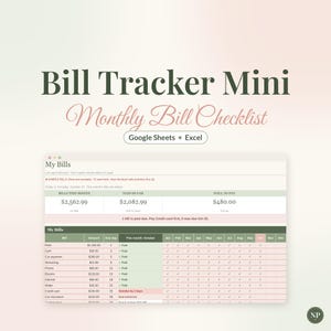 Bill Tracker Spreadsheet, Monthly Bill Checklist for Google Sheets & Excel, Simple Bill Payment Log with Due Dates, Mini
