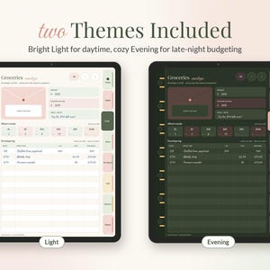 Op de afbeelding: Twee digitale tabletschermen met een boodschappenbudgetplanner in twee thema's: een licht thema met pastelkleuren en een donker avondthema met donkergroene tinten, inclusief tabbladen en de tekst Groceries.