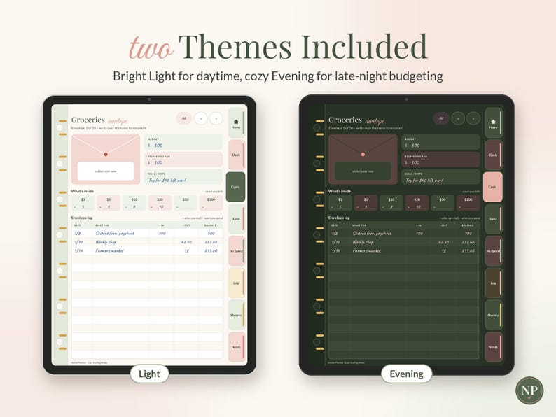 Op de afbeelding: Twee digitale tabletschermen met een boodschappenbudgetplanner in twee thema's: een licht thema met pastelkleuren en een donker avondthema met donkergroene tinten, inclusief tabbladen en de tekst Groceries.
