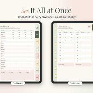 Op de afbeelding: Digitale budgetplanner-interface weergegeven op twee schermen. Het linkerscherm toont een dashboard met envelopcategorie&euml;n, budget, uitgaven en resterende bedragen. Het rechterscherm toont een telblad voor contant geld.