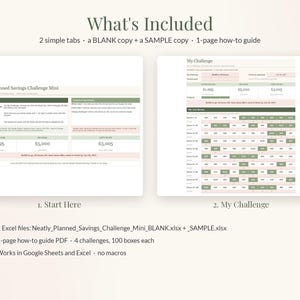 Pode incluir: Um rastreador digital de desafios de poupan&ccedil;a com duas abas: Start Here e My Challenge. O layout inclui instru&ccedil;&otilde;es, resumos de progresso e uma grade de 100 caixas para acompanhar metas. O texto inclui What's Included, 2 simple tabs, a BLANK copy, a SAMPLE copy e um guia de 1 p&aacute;gina.