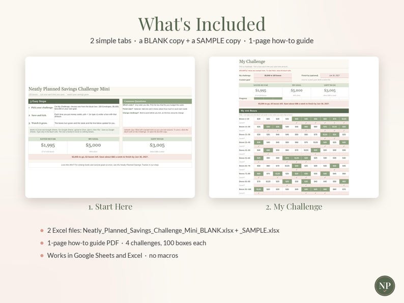 Pode incluir: Um rastreador digital de desafios de poupan&ccedil;a com duas abas: Start Here e My Challenge. O layout inclui instru&ccedil;&otilde;es, resumos de progresso e uma grade de 100 caixas para acompanhar metas. O texto inclui What's Included, 2 simple tabs, a BLANK copy, a SAMPLE copy e um guia de 1 p&aacute;gina.
