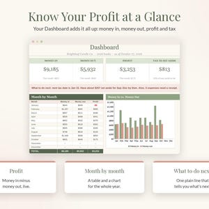 Small Business Bookkeeping Spreadsheet, Income and Expense Tracker for Google Sheets & Excel, Profit and Tax Set Aside Tracker image 2