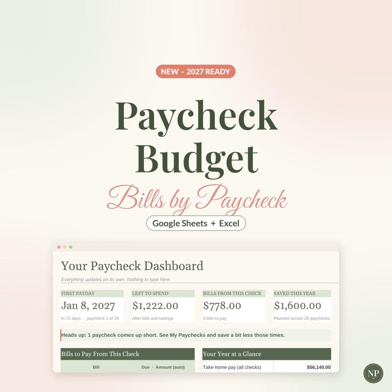 Paycheck Budget Spreadsheet, Bills by Paycheck Planner for Google Sheets & Excel, Biweekly Budget Template, Weekly Paycheck Tracker image 1