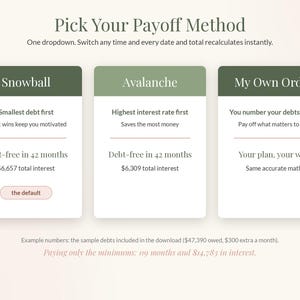 Foglio di calcolo per il metodo "palla di neve" per il rimborso dei debiti, strumento di monitoraggio del rimborso dei debiti, modello per Fogli Google ed Excel, pianificatore per il rimborso delle carte di credito, budget mensile, metodo "a valanga" immagine 4