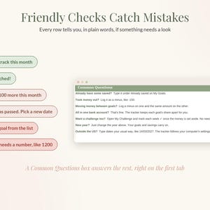 May include: A digital interface graphic titled Friendly Checks Catch Mistakes with a list of status indicators including On track this month and Reached, plus a Common Questions box explaining financial tracking procedures and data entry.