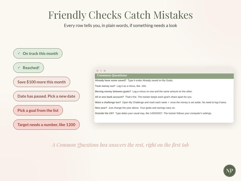 May include: A digital interface graphic titled Friendly Checks Catch Mistakes with a list of status indicators including On track this month and Reached, plus a Common Questions box explaining financial tracking procedures and data entry.