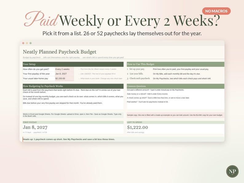 Paycheck Budget Spreadsheet, Bills by Paycheck Planner for Google Sheets & Excel, Biweekly Budget Template, Weekly Paycheck Tracker image 9