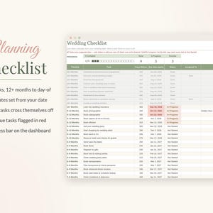 May include: A digital wedding checklist spreadsheet featuring a progress bar, task timeline, due dates, and status columns. The interface includes text headers like Planning Checklist, 62 tasks, 12+ months to day-of, and columns for timeline, tasks, days before, due date, status, assigned to, and notes.