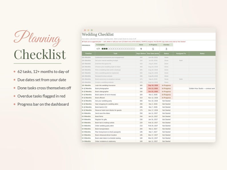 May include: A digital wedding checklist spreadsheet featuring a progress bar, task timeline, due dates, and status columns. The interface includes text headers like Planning Checklist, 62 tasks, 12+ months to day-of, and columns for timeline, tasks, days before, due date, status, assigned to, and notes.