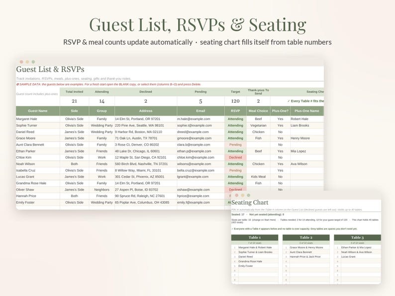 May include: A digital spreadsheet template titled Guest List, RSVPs & Seating featuring columns for guest names, addresses, emails, RSVP status, meal choices, and plus-ones, alongside a separate seating chart view for organizing guests.