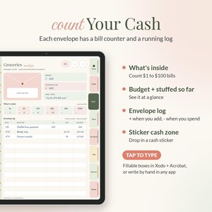 Op de afbeelding: Een digitale kasplanner op een tabletscherm, met een Groceries-enveloppepagina met een biljetten-teller, een logboek en budgetvelden. De tekst bevat Count Your Cash, What's inside, Budget + stuffed so far, Envelope log en Sticker cash zone.
