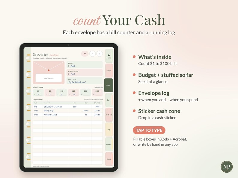 Op de afbeelding: Een digitale kasplanner op een tabletscherm, met een Groceries-enveloppepagina met een biljetten-teller, een logboek en budgetvelden. De tekst bevat Count Your Cash, What's inside, Budget + stuffed so far, Envelope log en Sticker cash zone.