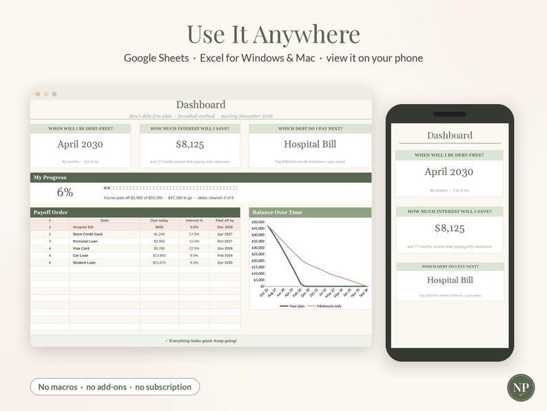 Foglio di calcolo per il metodo "palla di neve" per il rimborso dei debiti, strumento di monitoraggio del rimborso dei debiti, modello per Fogli Google ed Excel, pianificatore per il rimborso delle carte di credito, budget mensile, metodo "a valanga" immagine 9