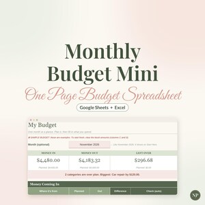 Monthly Budget Spreadsheet, Simple One Page Budget Template for Google Sheets & Excel, Beginner Budget Planner Mini