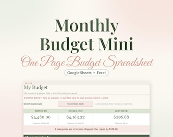 Monthly Budget Spreadsheet, Simple One Page Budget Template for Google Sheets & Excel, Beginner Budget Planner Mini