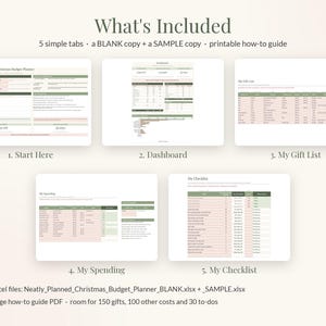 Może przedstawiać: Cyfrowy planer budżetu świątecznego z pięcioma zakładkami: Start Here, Dashboard, My Gift List, My Spending oraz My Checklist. Układ zawiera tabele z zielonymi i r&oacute;żowymi akcentami, pola tekstowe oraz nagł&oacute;wki. Zawiera dwa pliki Excel i przewodnik w formacie PDF.