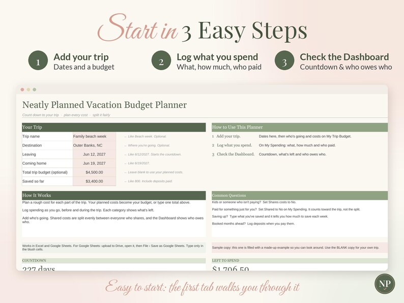 Vacation Budget Planner Spreadsheet for Google Sheets & Excel, Trip Planner with Countdown, Travel Expense Tracker, Split Costs image 5