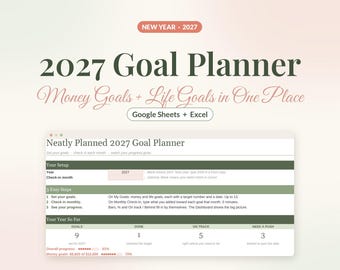 2027 Goal Planner Spreadsheet, New Year Goal Tracker for Google Sheets & Excel, Savings Goal Tracker, Monthly Check In, Resolution Planner