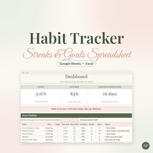 Habit Tracker Spreadsheet, Daily Habit Tracker for Google Sheets & Excel, Weekly Goal and Streak Tracker, Undated Habit Planner