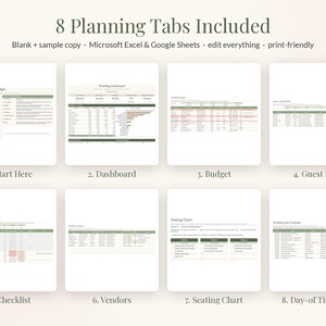 May include: A digital wedding planner template featuring 8 planning tabs: Start Here, Dashboard, Budget, Guest List, Checklist, Vendors, Seating Chart, and Day-of Timeline. The layout includes tables, charts, and text fields in green and white.