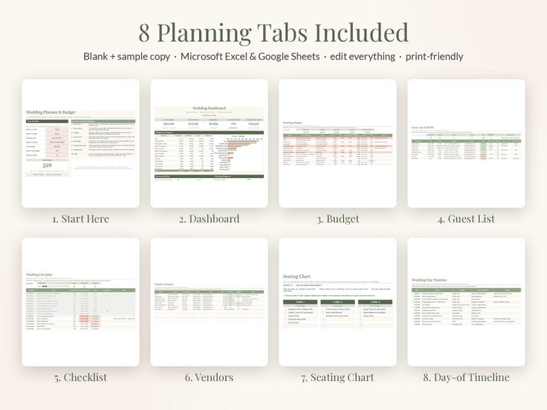 May include: A digital wedding planner template featuring 8 planning tabs: Start Here, Dashboard, Budget, Guest List, Checklist, Vendors, Seating Chart, and Day-of Timeline. The layout includes tables, charts, and text fields in green and white.