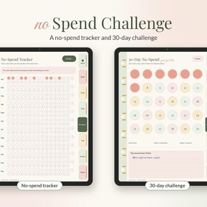 Op de afbeelding: Twee digitale tabletschermen met een No Spend Challenge planner. Het linkerscherm toont een No-Spend Tracker met maandelijkse rijen cirkels. Het rechterscherm toont een 30-daags No-Spend uitdagingsrooster met genummerde cirkels en een beloning.