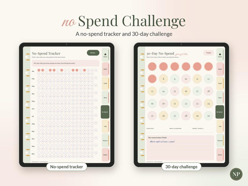 Op de afbeelding: Twee digitale tabletschermen met een No Spend Challenge planner. Het linkerscherm toont een No-Spend Tracker met maandelijkse rijen cirkels. Het rechterscherm toont een 30-daags No-Spend uitdagingsrooster met genummerde cirkels en een beloning.