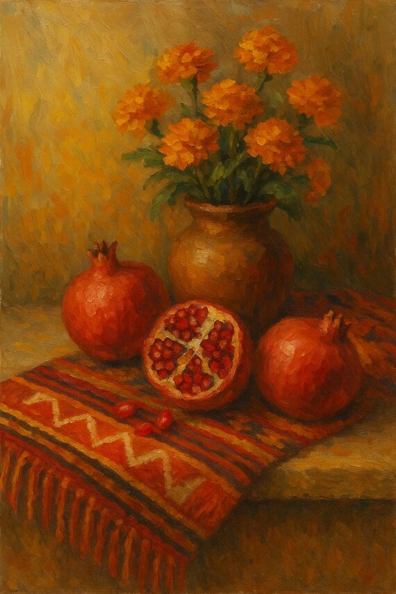 Andean Mountain Inspired Still Life Painting with Vibrant Earthy Tones and Rich Textures