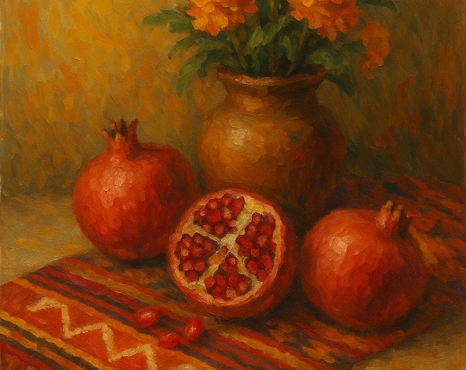 Andean Mountain Inspired Still Life Painting with Vibrant Earthy Tones and Rich Textures