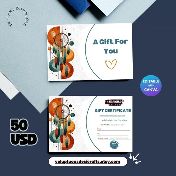 50 USD Gift Certificate – Printable & Editable Digital Gift Card | Instant Download Store Voucher Template