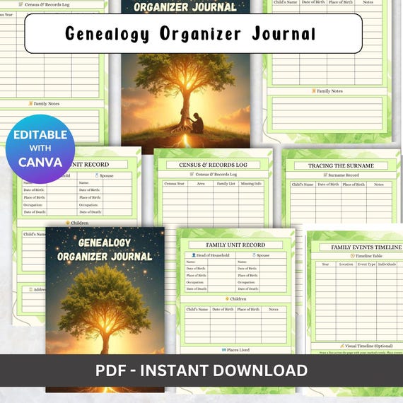 Genealogy Organizer Journal | Family History Research Planner | Printable Ancestry Record Keeper & Family Tree Template