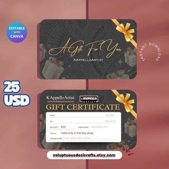 25 Dollar Digital Gift Certificate – Printable, Editable Template (Instant Download)