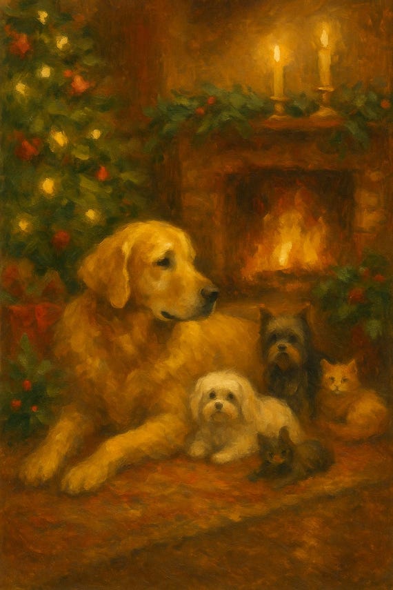 Golden Retriever Holiday Hearth Art Print: Cozy Christmas Dog