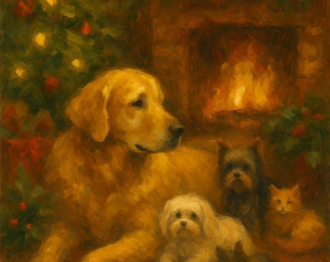 Golden Retriever Christmas Wall Art – Cozy Holiday Dog Hearth Print