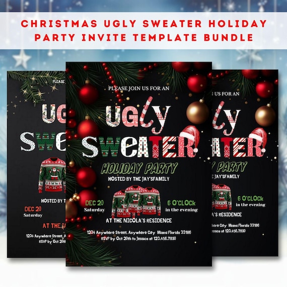 Ugly Sweater Christmas Party Invitation Bundle | Editable Holiday Invite Templates | Festive Canva Digital Invitation Set
