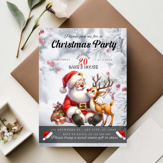 Reindeer & Santa Christmas Party Invitation Template | Kids Holiday Invite | Editable Canva Digital Download
