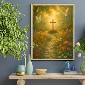Christian Cross Wall Art Printable, Faith Pathway with Flowers & Doves, Religious Home Decor, Bible Verse Art, Inspirational Christian Gift