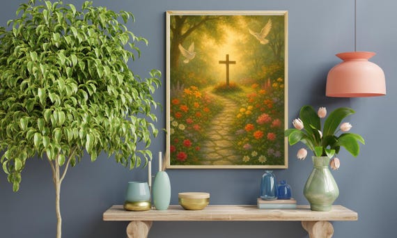 Path to the Cross Art: Floral Pathway, Doves, Bible Verse (Digital Print)