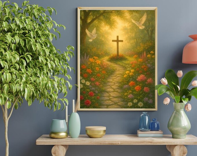 Path to the Cross Art: Floral Pathway, Doves, Bible Verse (Digital Print)