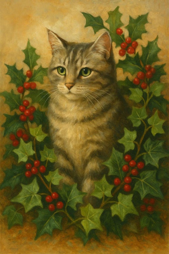 Cat Art Print: Ivy and Berries Botanical Illustration