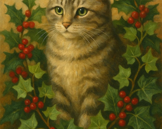 Cat Art Print with Ivy & Berries – Botanical Illustration Nature Wall Art