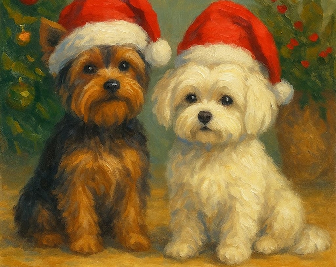 Yorkie and Maltese Christmas Wall Art – Festive Dog Holiday Print
