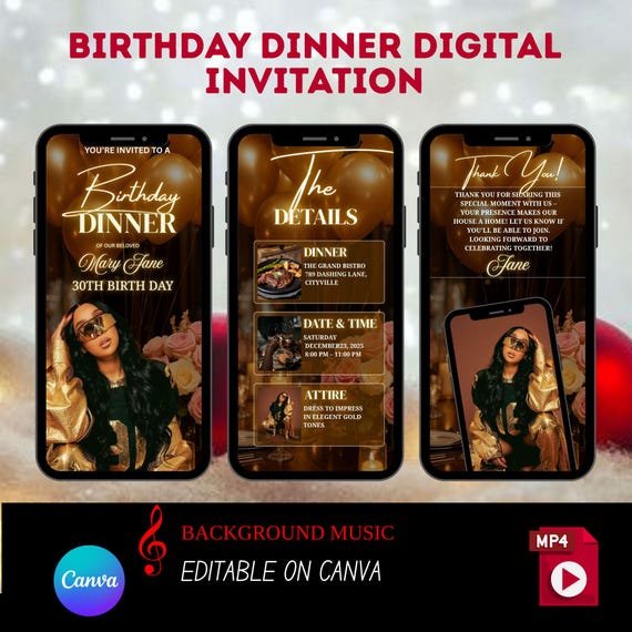 Birthday Dinner Digital Invitation | Editable Party Invite Template | Elegant Printable Birthday Dinner Invitation