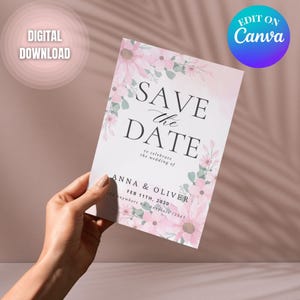 Blush Pink Floral Save the Date Template Wedding Invitation Canva Editable Minimalist Digital Download Instant Printable Invite