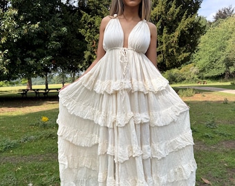 Ręcznie robiona bawełniana sukienka z dekoltem halter, suknia ślubna, sukienka maxi, sukienka z czystej bawełny