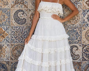 Organic Cotton Maxi Dress, Spaghetti Strap Holiday Beach Dress