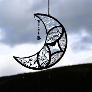 Stained Glass Crescent Moon Sun-catcher -Boho Lotus Moon - Clear Crystal Moon