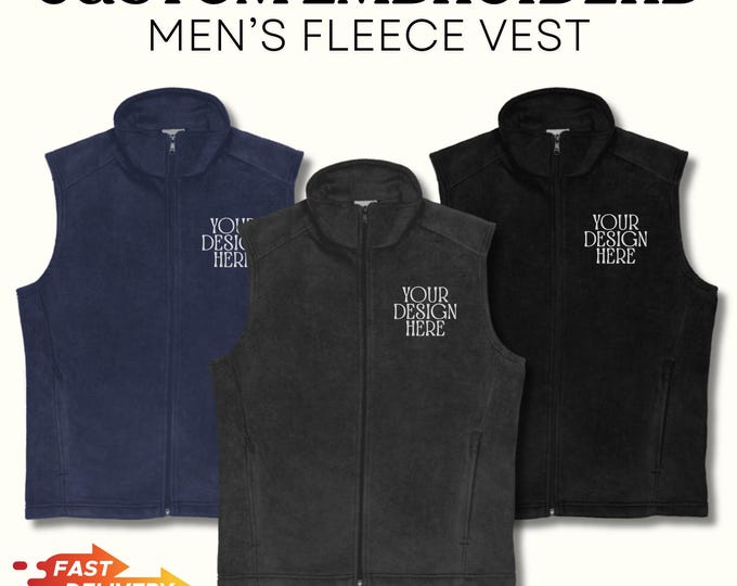 Custom Embroidered Men's Fleece Vest, Personalized Full Zip Monogrammed Sleeveless Vests, Company Text/Logo Design